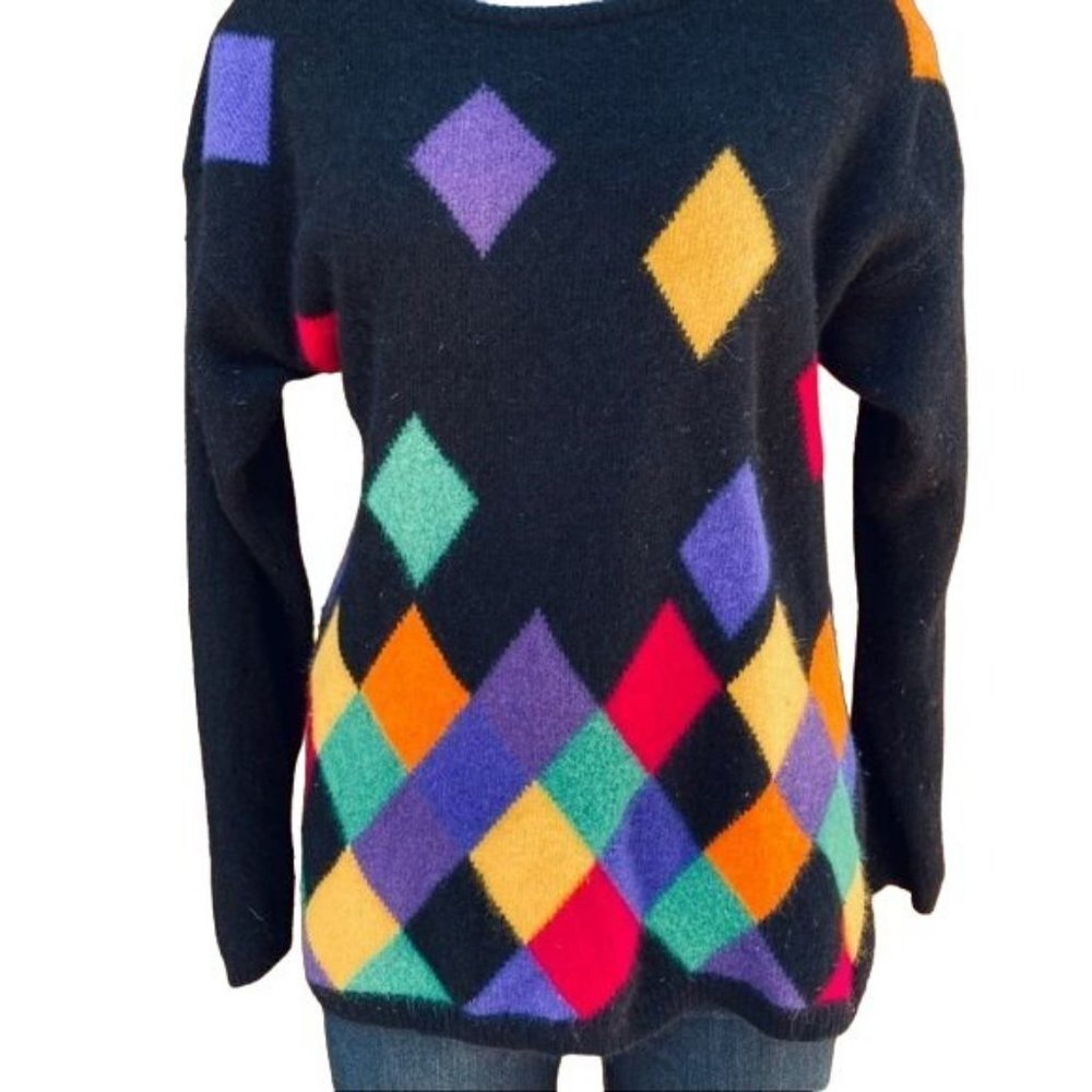 Vintage Casual Corner Wool Rabbit Sweater 90s Black Colorful Diamonds Size M - Picture 3 of 10